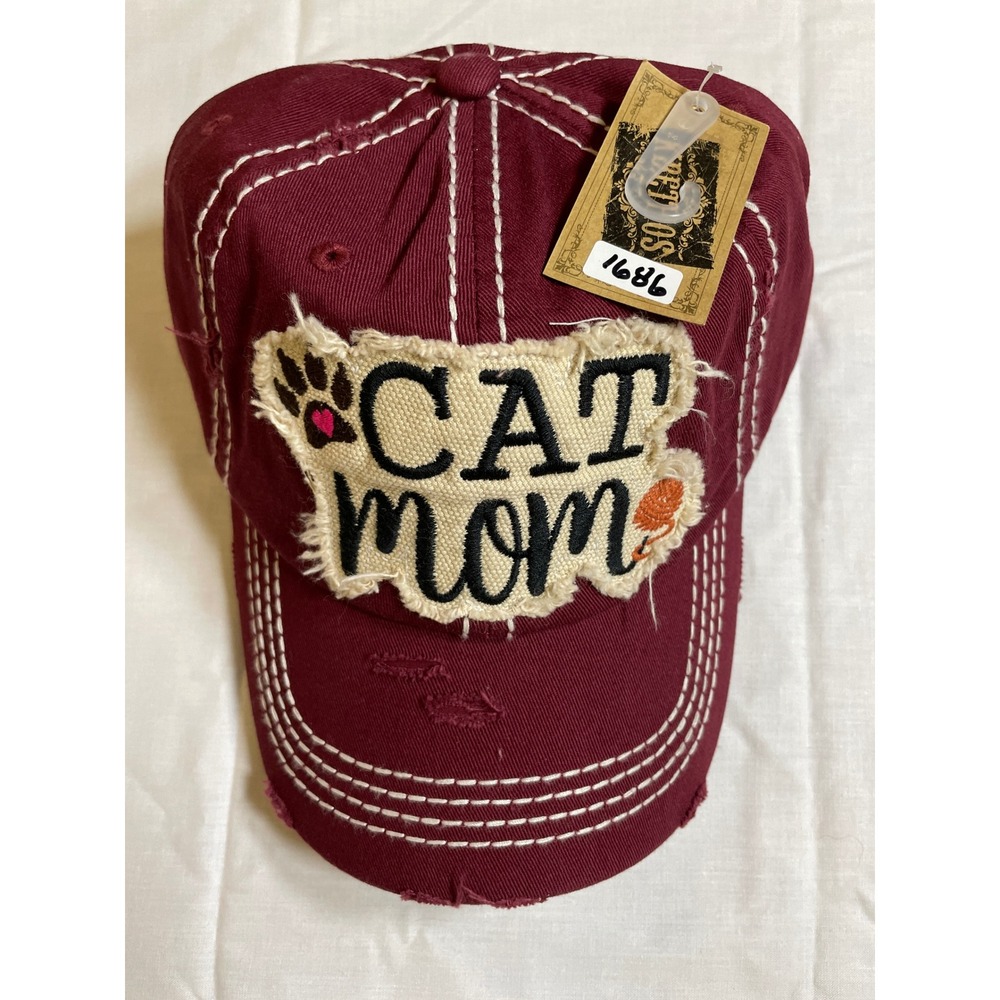 KBETHOS Baseball Cap Women OS Burgundy NEW Cat Mom Distressed Contrast Stitch